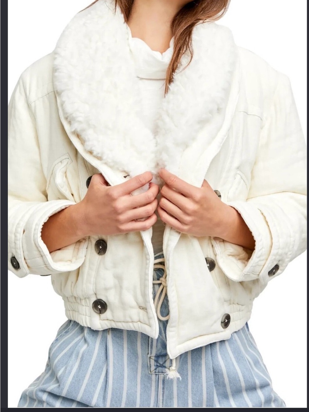 Free People Cream Sherpa-Trim Cropped Jacket
